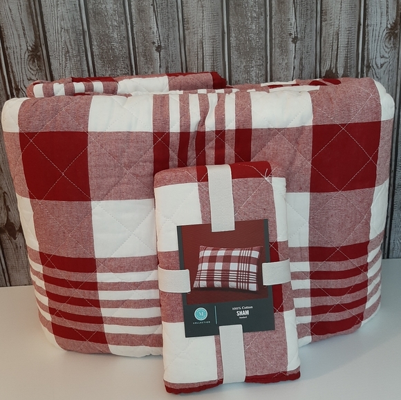 Martha Stewart Red Buffalo Check Plaid King Quilt & One Standard Sham - Picture 5 of 16